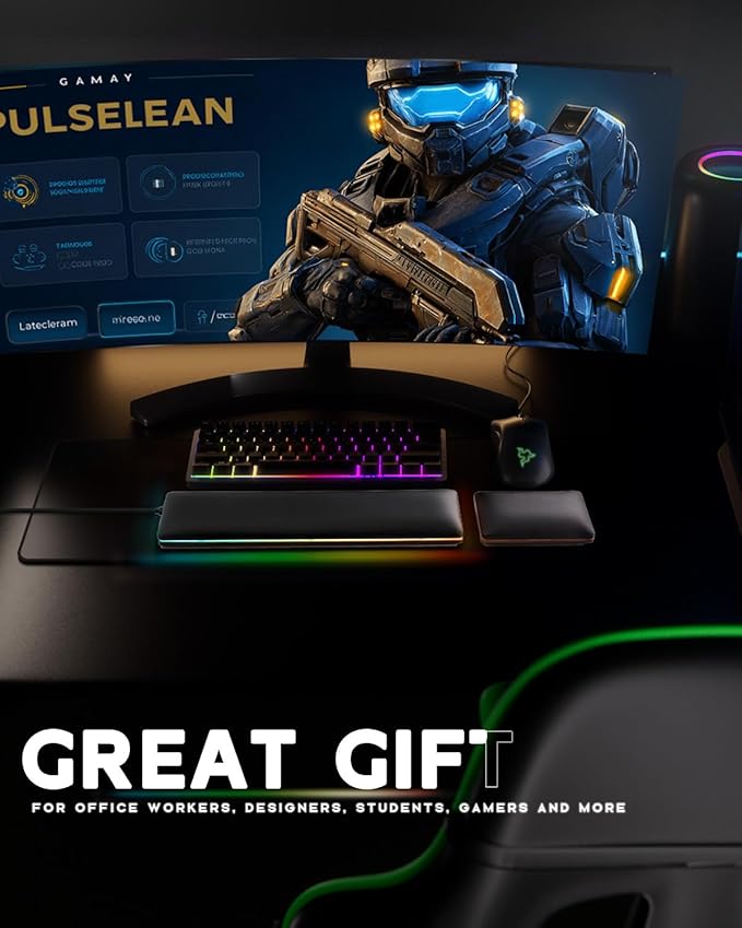 ASFSKY RGB Keyboard and Mouse Wrist Rest Set – Ergonomic Wooden Wrist Support Pad with PU Leather & Memory Foam, Anti-Slip Rubber Base Wrist Cushion for Gaming, Office & Typing Pain Relief