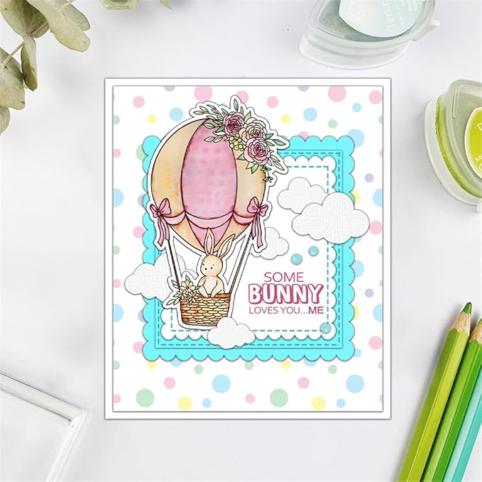 Hot Air Balloon Flower Rabbit Stamps and Cutting Dies for Card Making DIY Transparent Silicone Clear Stamp and Metal Die Cuts Sets for Scrapbooking Paper Greeting Cards Decor Seals Craft Supplies