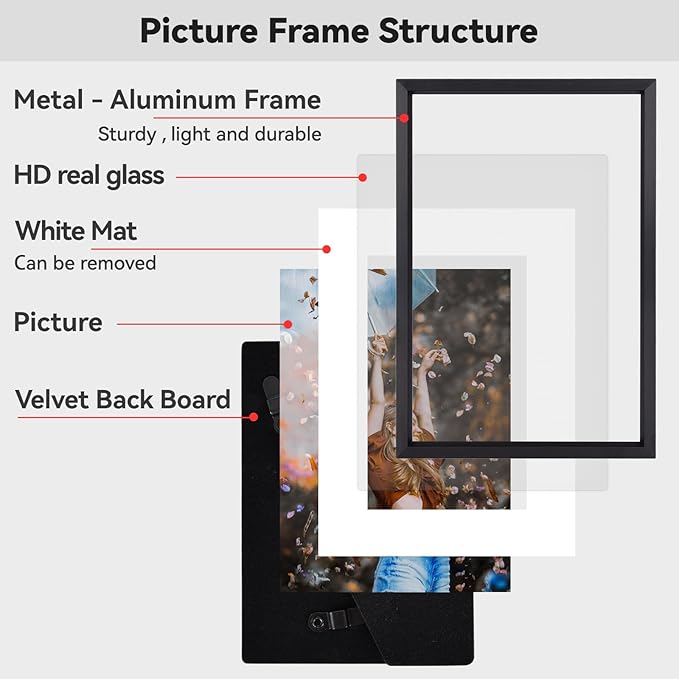 8x11 Picture Frame, Black Aluminum Metal Photo Frames with HD Glass, Fits 7x9 with Mat or 8 x 11 without Mat, Display for Wall and Table