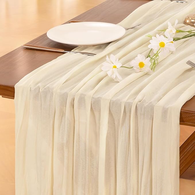 Socomi 10pcs Beige Valentine's Day Cheesecloth Table Runner Boho Rustic Gauze 120 inch 10FT Cheese Cloth Runner for Wedding Party Baby Shower Birthday Home Decor Holiday Decorations
