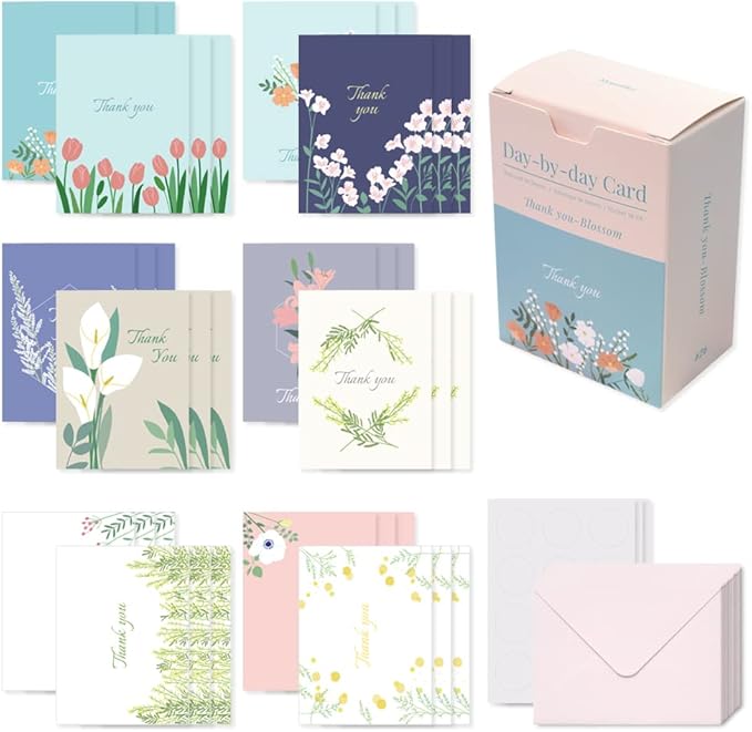 Monolike Day-by-day Card, Thank you-Blossom - Mix 36 Mini Single cards, 36 envelopes, 36 stickers Package