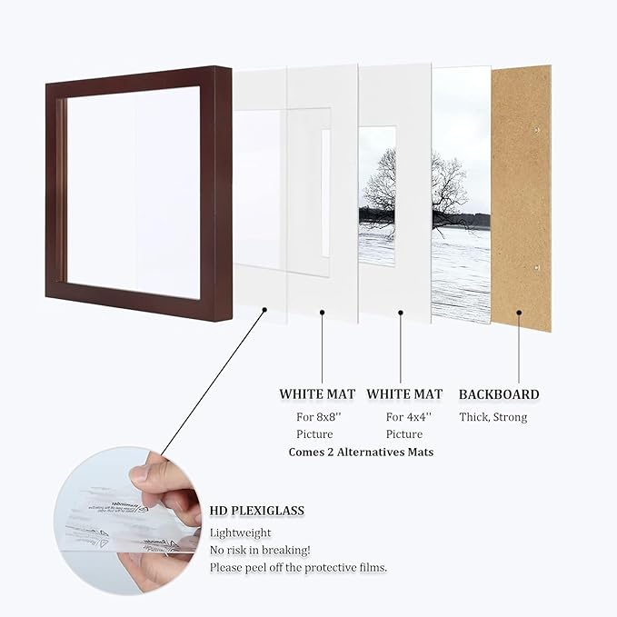 Egofine 11x11 Picture Frames 4 Pack Covered by Plexiglass, Display Pictures 8x8 with Mat or 11x11 Without Mat Made of Solid Wood for Table Top Display and Wall Mounting Photo Frame, Walnut Color