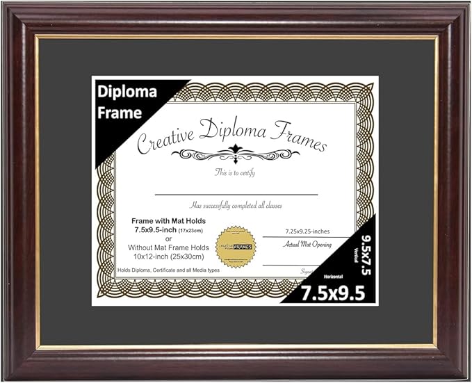 Creative Picture Frames 7.5x9.5 Mahogany Gold Rim Diploma Frame with Black Mat Glass Easel and Installed Wall Hangers | Frame Holds 10x12 Media without Mat