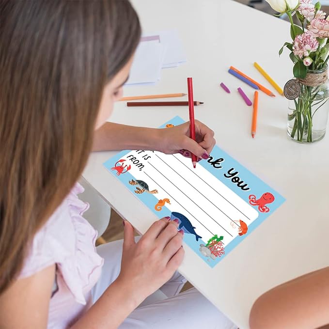 Andaz Press Kids Fill in the Blank Thank You Cards - 20 Cards Including Envelopes Sea Life Fun Gender Neutral Note Cards For Boys Girls Birthday Party Thank You Notes for Friends, Family Party Guests