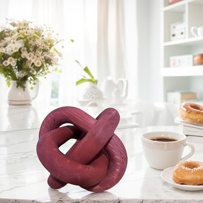 GUDAGUU Wood Knot Decor -Coffee Table Decor Shelf Decor Table Books Hand Carved Home Decoration Boho Country Rustic Modern Shabby Chic Style 3 Link Wooden Knot Chain Link Decor (Burgundy)