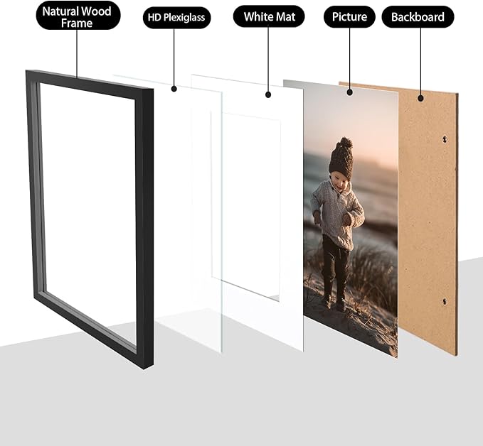 KINLINK 10x12 Picture Frame Black, Solid Wood Frames with Acrylic Plexiglass for Pictures 7x9 with Mat or 10x12 without Mat, Tabletop and Wall Display Photo Frame, Set of 4