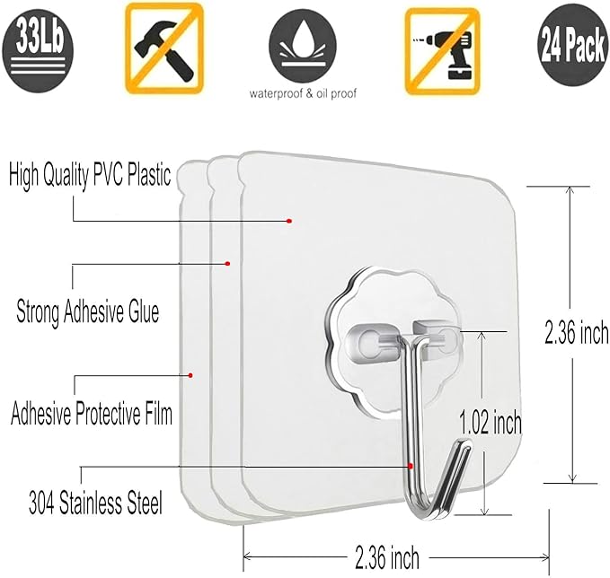 24 Pack Heavy Duty Self Adhesive Hooks - 33lb Max, Transparent, Waterproof, Sticky Wall Hooks for Keys, Bathroom, Shower, Outdoor, Kitchen, Door, Home Improvement, Utility