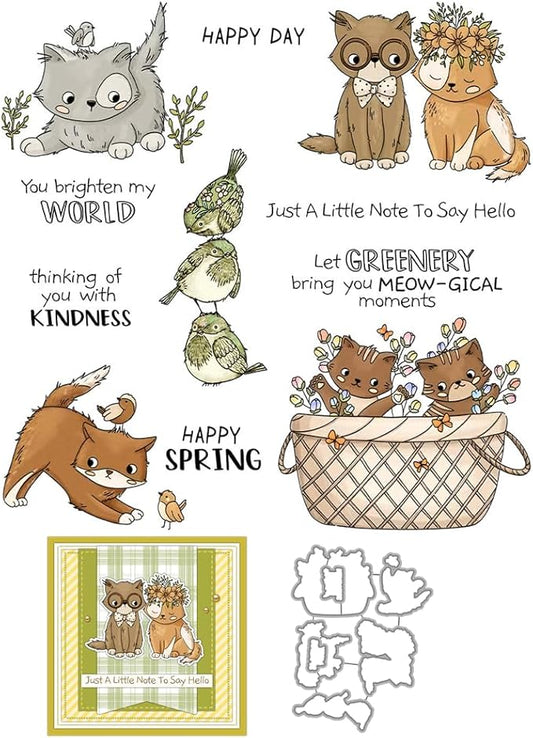 Cat Bird Basket Stamps and Cutting Dies for Card Making DIY Transparent Silicone Clear Stamp and Metal Die Cuts Sets for Scrapbooking Paper Greeting Cards Decor Seals Craft Supplies