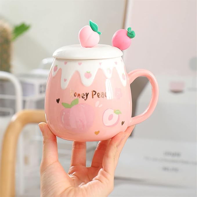 Coffee Mug Cups Ceramic Tea Cup Fruits Peach Shaped Handmade Pottery Cute Mugs With Lid Spoon Handle Office Home Hot Ice Chocolate Milk Mugs Gifts Microwave Dishwasher Safe Travel Mugs (Rose)