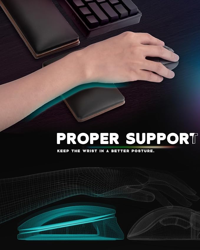 ASFSKY RGB Keyboard and Mouse Wrist Rest Set – Ergonomic Wooden Wrist Support Pad with PU Leather & Memory Foam, Anti-Slip Rubber Base Wrist Cushion for Gaming, Office & Typing Pain Relief