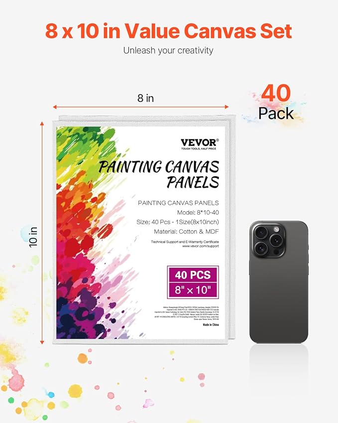 VEVOR Canvas Boards for Painting, 8 x 10 Inch White Canvases for Painting, 40 Pack Painting Canvas Panels for Sketching, Acrylic and Oil Painting, Watercolor, Paint Canvas for Kids and Professionals