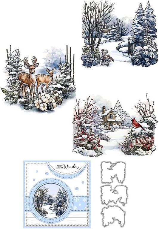Christmas Snow Scene Stamps and Cutting Dies for Card Making DIY Transparent Silicone Clear Stamp and Metal Die Cuts Sets for Scrapbooking Paper Greeting Cards Decor Seals Craft Supplies