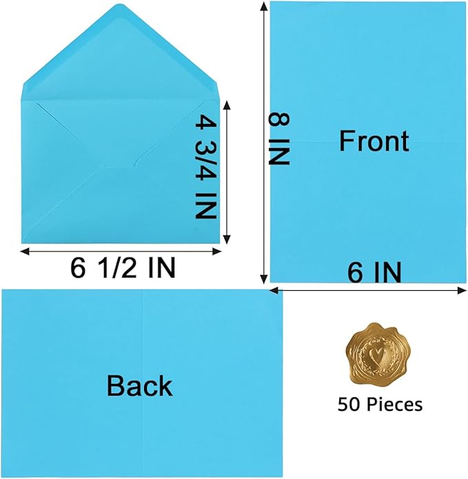 50 Pack A6 Colorful Envelopes with 4x6 Blank Heavy Colored Folded Cardstock and Gold Stickers for Greeting Cards, Wedding, Birthday Party, Baby Showers, Invitations (4x6)