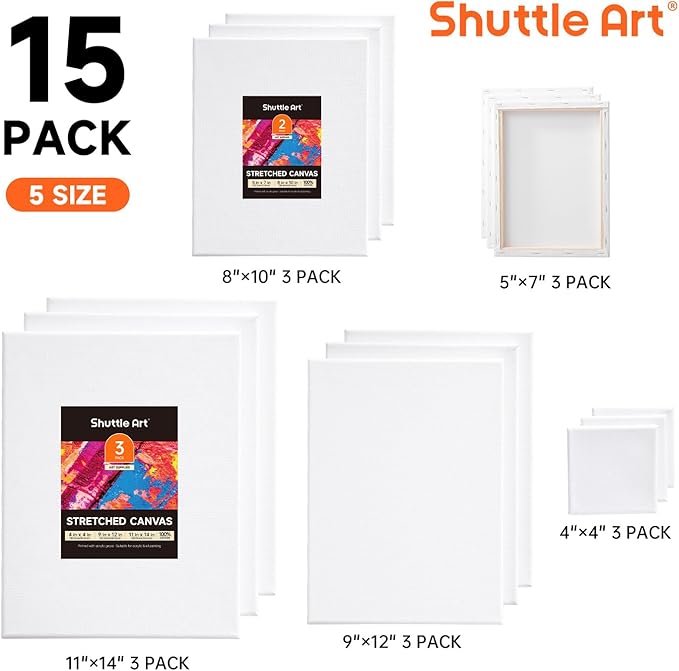 Shuttle Art Stretched Canvas, 15 Multi Pack, 4x4, 5 x 7, 8 x 10, 9x12, 11 x 14 Inches (3 of Each), 100% Cotton, Primed White Painting Canvas, Art Canvases for Acrylic, Oil, Acrylic Pouring Painting