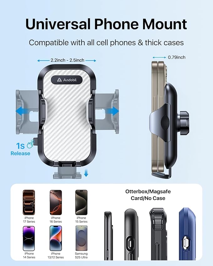 andobil Phone Holders for Your Car - Military Sturdy, Firmly Grip, Never Slip, Car Vent Phone Holder Mount, Phone Mount for Truck Compatible with iPhone 17 16 15 14 13 12 Pro Max Samsung S24, Sliver
