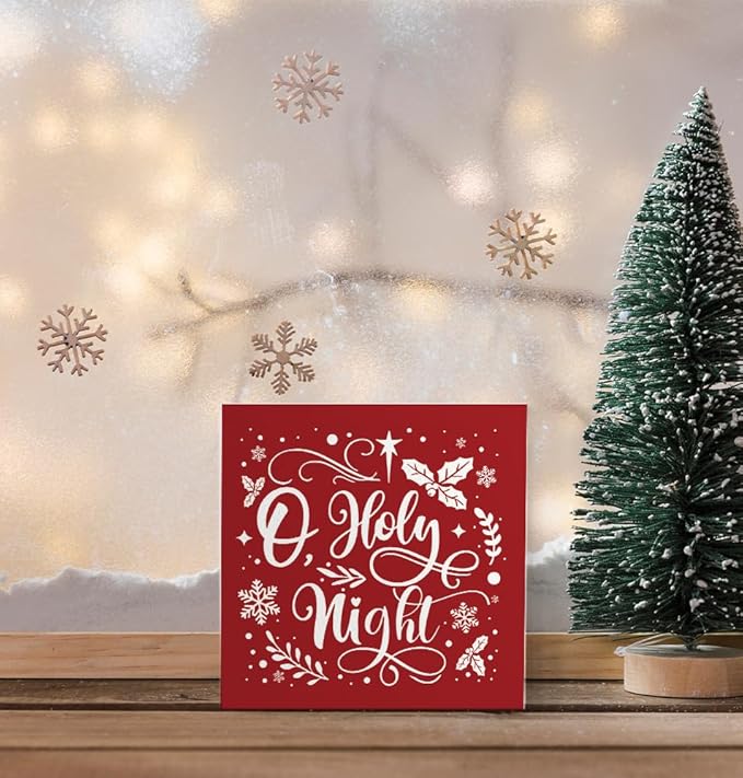 O Holy Night Christian Christmas Wooden Box Sign, Desk Decor, Farmhouse Red Xmas Wood Signs for Home Office Table Shelf Decoration, 5x5 Inch