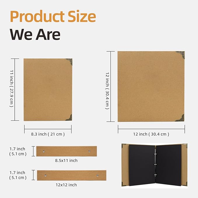 Vienrose DIY Scrapbook Photo Album Kit with Pens Tapes and Stickers 60 Pages Hardcover 12x12 Inches 3 Rings Removable Black Paper Scrapbooking for Lover Friends Kids Wedding Khaki
