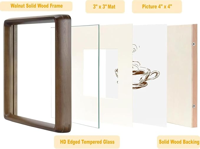 HELPLEX 4x4 Matted to 3x3 Square Picture Frame Set of 2 - Natural Walnut Wood with HD Tempered Glass, Convertible Design for Wall or Tabletop Display - Art Gallery & Luxury Home Office Decor