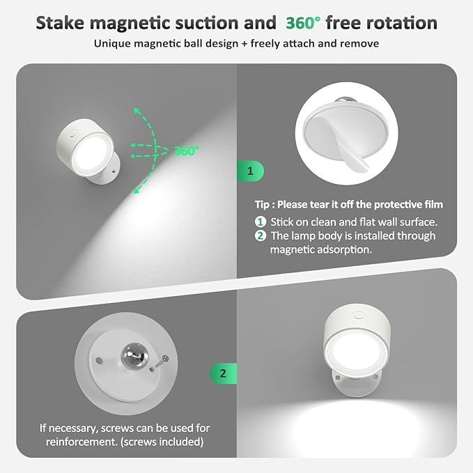 LED Wall Sconces 2 Pcs with Remote, Wall Mounted Lights Rechargeable Battery Operated, 3 Color Temperatures & Dimmable Wall Lamp Magnetic 360° Rotation Light for Bedroom Living Room