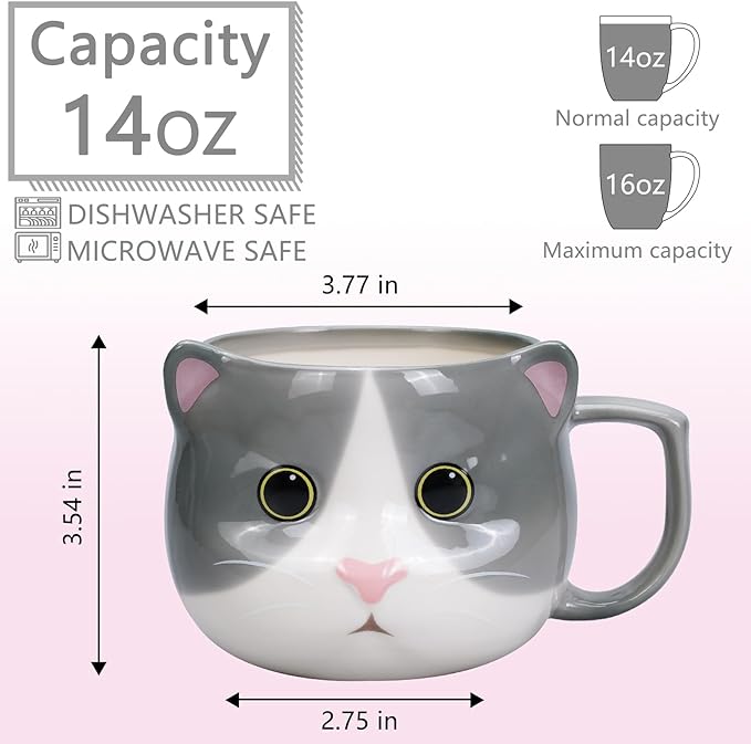Cat Mug 14 oz Cute Ceramic 3D Porcelain Tea Cup for Women, Kawaii Gifts for Cat Lovers, Christmas, Housewarming, Holiday, Birthday Gifts for Women, Mom, Kids, Men and Friends