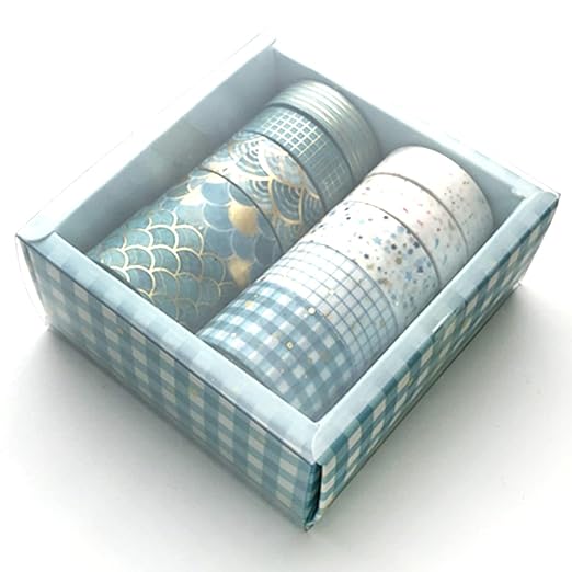 YUBX Creative Washi Tape Set 10 Rolls Gold Foil Print Decorative Masking Tapes for Arts, DIY Crafts, Journals, Planners, Scrapbook, Wrapping (Blue Melody)