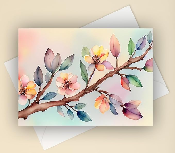 Vintage Watercolor Flowers Greeting Cards - Set of 10 All Occasion 5 x 7 Note Cards with Envelopes. Blank Inside. Botanical Floral Designs of Flowers, Leaves and Branches Inspired by Nature.