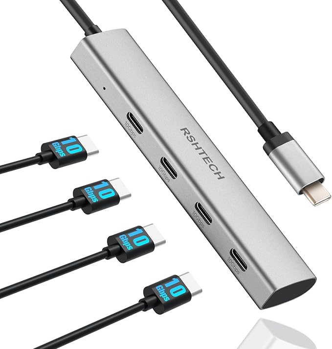 RSHTECH USB C Hub 10Gbps 4-Port USB 3.2 Gen 2 Dongle, Portable USB-C Multiport Adapter for Thunderbolt/Type C Laptop and More, Gray (RX04)