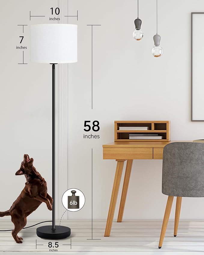 BoostArea Floor Lamps Standing Lamp, Modern 58" Tall Lamp with White Lampshade, Simple Small Pole Lamp for Bedroom, Pedal Switch, Black Small Lamps for Kid Room/Office/Reading Room(E26 Base, NO Bulb)