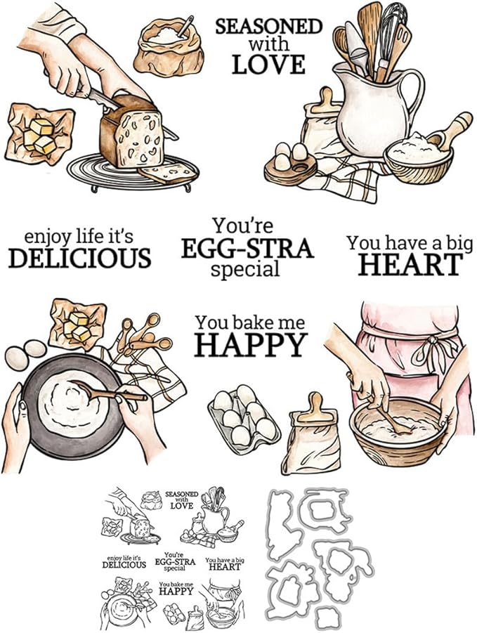 Enjoy Life Bread Stamps and Cutting Dies for Card Making DIY Transparent Silicone Clear Stamp and Metal Die Cuts Sets for Scrapbooking Paper Greeting Cards Decor Seals Craft Supplies