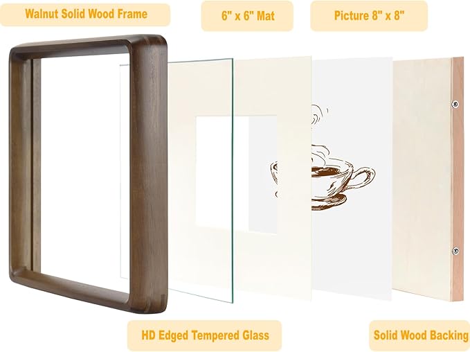 HELPLEX 8x8 Square Picture Frame – 2 Pack Solid Walnut Wood with Real Wood Back & HD Tempered Glass, 6x6 Matted or 8x8 Unmatted, Tabletop or Wall Display – Rustic Home Decor & Gift