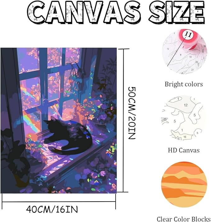 Mosaflare Paint by Numbers for Adults Beginner, Black Cat Adult Paint by Number Kits on Canvas, DIY Window Scenery Acrylic Oil Easy Painting by Numbers for Home Wall Decor 16X20 inch (Without Frame)