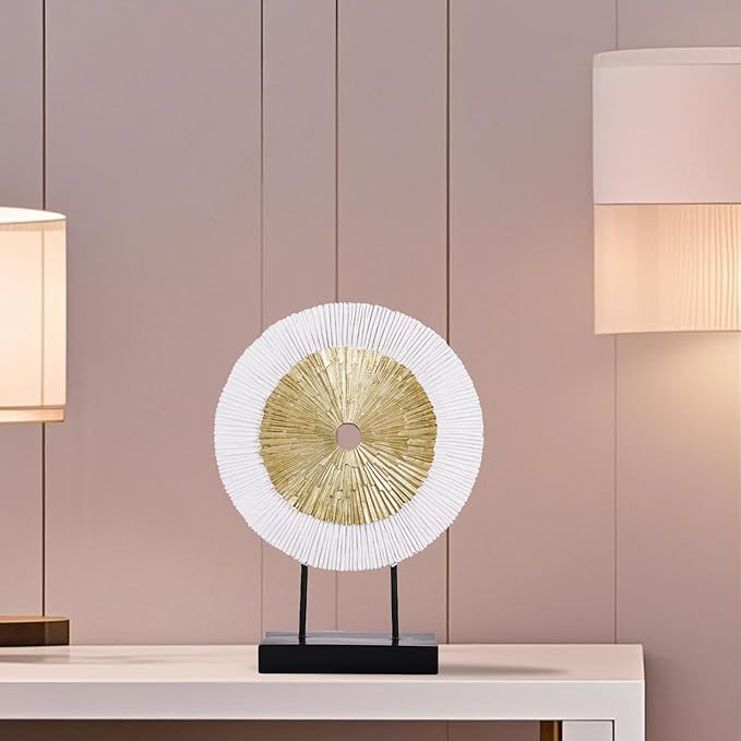oliruim 12" Tall Abstract White Gold Round Sculpture - Unique Home Decoration for Above Cupboard Decor, Living Room Coffee Table, Console, Office, Entrance, Table Centerpieces (White Gold)