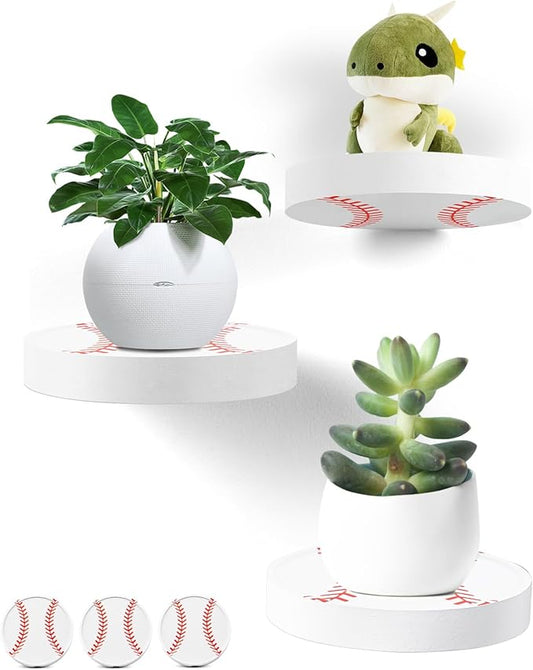 AceList 3-Pack Round Floating Shelves for Wall Decor, 6'' Diameter Wood Floating Shelf, Cup Plant Wall Shelves for Bedroom, Bedroom, Living Room, Bathroom, Kitchen (White&Red)