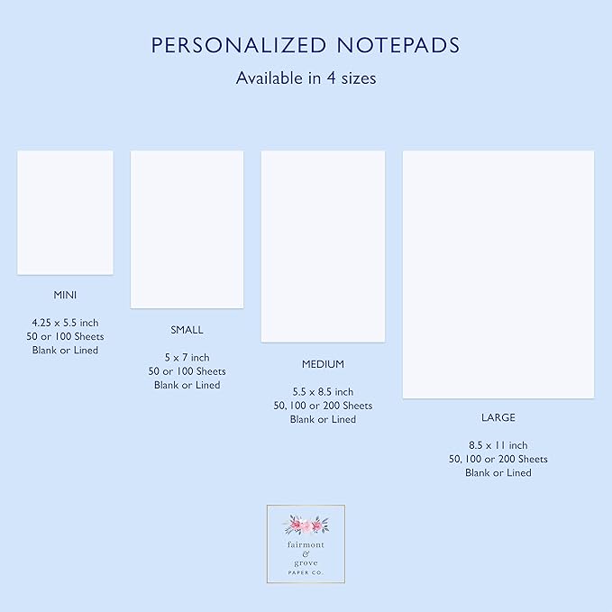 Personalized Notepad Stationery with Name in Lowercase Font, Available in 4 Sizes, Lined or Unlined in Choice of Colors, Note Pad Memo To Do List Pad (Font Style #5)