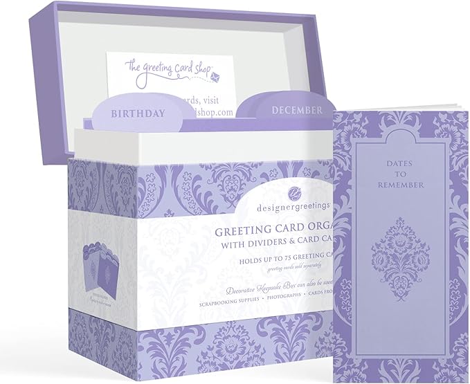 Designer Greetings Greeting Card Organizer Box with Dividers and Calendar, Decorative Lavender Damask Pattern (9.5” x 7.25” x 6”, Holds Up to 75 Greeting Cards), purple - large (711-00005-0000)