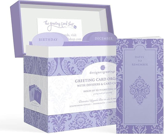 Designer Greetings Greeting Card Organizer Box with Dividers and Calendar, Decorative Lavender Damask Pattern (9.5” x 7.25” x 6”, Holds Up to 75 Greeting Cards), purple - large (711-00005-0000)