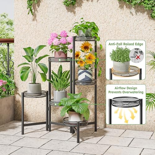 6 Tier Large Plant Stand Indoor with 7.9-Inch Wide Drainage Tray, Tiered Corner Metal Outdoor Flower Display Holder Shelf, Folding Tall Rack for House Patio Porch Balcony Graden - BlackFlower - Image 4