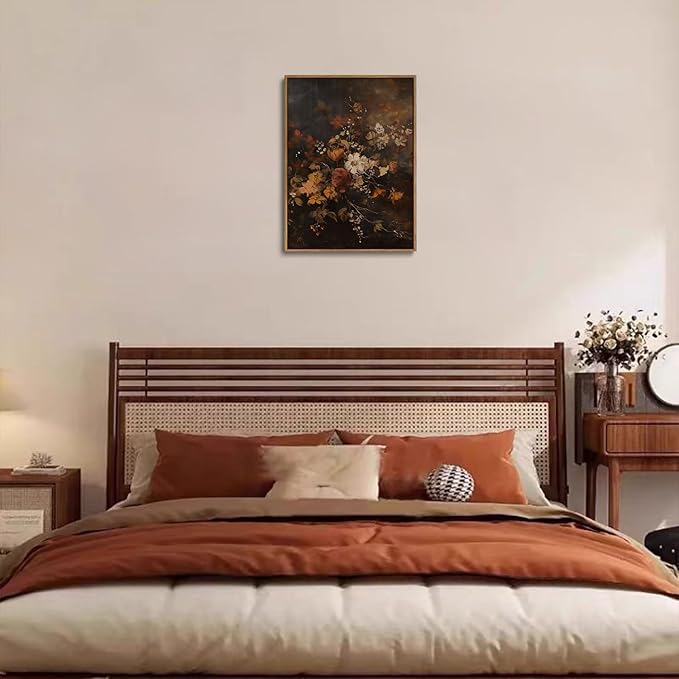 Djmwtb Vintage Fall Framed Wall Art Autumn Dark Floral Canvas Wall Art Prints Moody Botanical Painting Flower Pictures Artwork for Living Room Bedroom Bathroom Office 12x16in