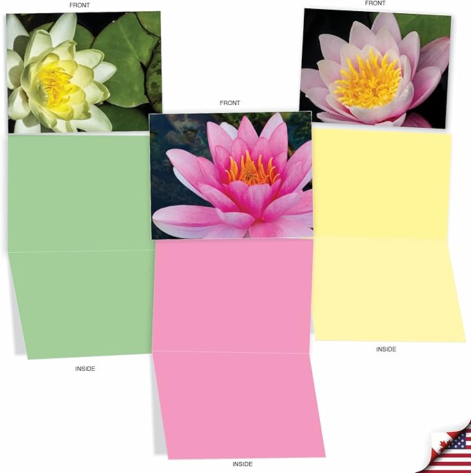 The Best Card Company - 10 Blank Note Cards with Flowers (4 x 5.12 Inch) - Floral Notecards, All Occasion Boxed Assortment - Lily Pond M3070