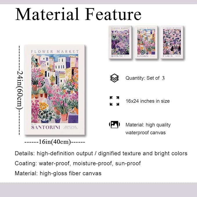 XLARTMY Flower Market Wall Art Prints Canvas Purple and Pink Floral Paintings Colorful Botanical Travel Flower Posters for Home Decor Pictures Set of 3 for Living Room Bedroom 16x24in