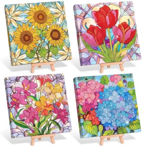 Frienda 4 Pcs Flowers Diamond Painting Art Kits with Framed, 8 x 8 in by Frienda