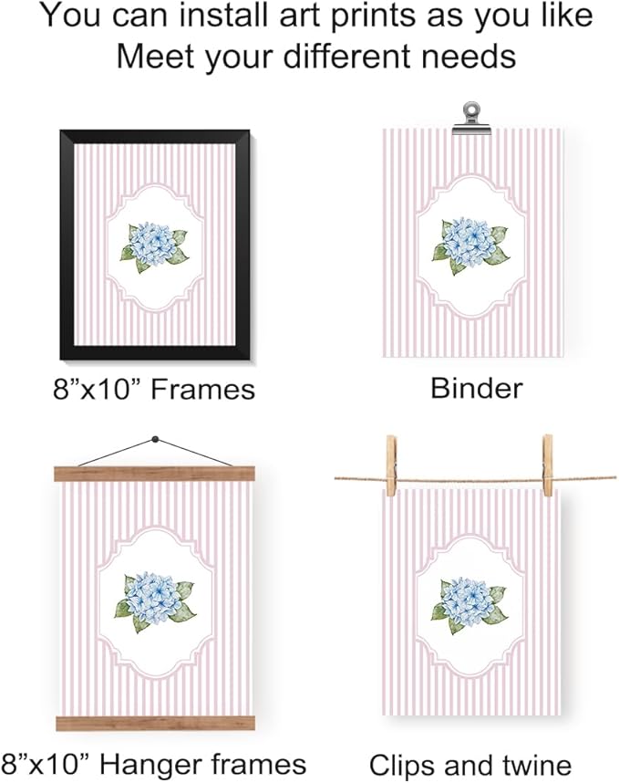 Wheatwin Hydrangea Floral Wall Art Decor, Cottagecore Hydrangea Flower Botanical Poster Prints, Pink Wall Decor for Home Bedroom Living Room 8x10 Unframed Set of 4