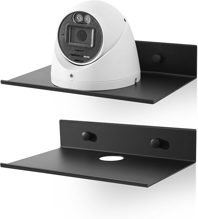 Small Metal Shelves for Wall, Self-Adhesive Floating Corner Shelves with Cable Clip, Wall Mounted, Renter Friendly Display Shelf for Smart Speaker Cameras Monitor Routers, Matt Black, Metal, 8 inch