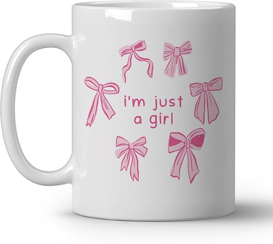Cute Pink Bow Coffee Mug, I Am Just A Girl Ceramic Coffee Mugs, Coquette Cute Girly Mugs Gifts for Women Girls, 11oz Ceramic Cup White