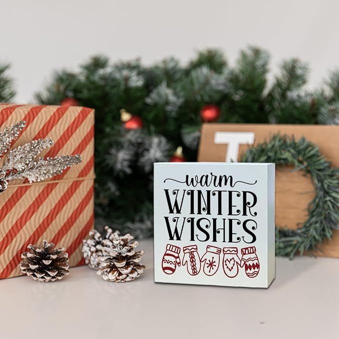 Christmas Wooden Desk Decor Sign, Warm Winter Wishes Wooden Box Sign, Winter Tabletop Home Plaque with Mittens Design, Holiday Farmhouse Decoration for Living Room Bedroom Office 5x5 Inches