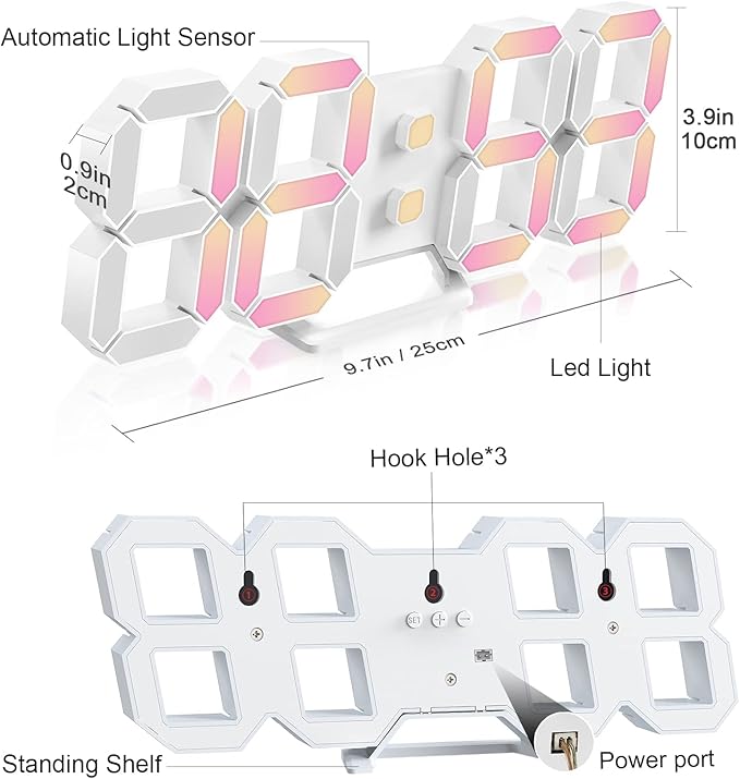 Deeyaple Led Digital Alarm Clock 3D Small Wall Clock Snooze Dimmable Time Memory 12/24 Date Temperature Remote Control Night Light Office Kitchen Living Room Bedroom (9.7 Inch, Multicolor)