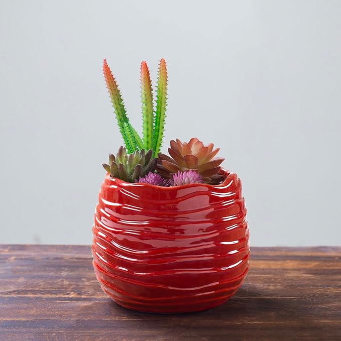 MyGift 5.5 Inch Modern Red Ceramic Plant Pot with Drainage Hole and Decorative Wavy Design, Small Succulent Planter Container