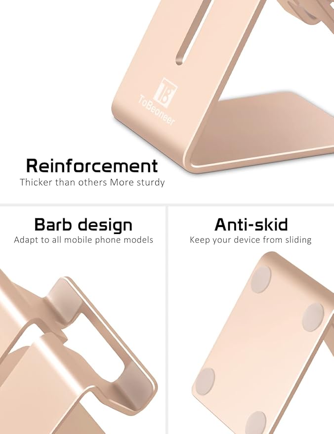 Phone Stand, Aluminum Phone Holder for iPhone 16 15 14 13 12 11 X 8 7 6 Plus 5, Tablet, Samsung, Huawei, Suitable for All Smartphones, Adding a Touch of Style to Your Office Decor, Gold