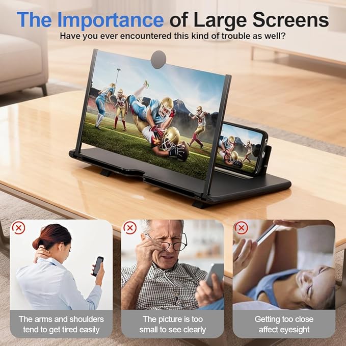 Mobile Phone Magnifier Screen, 3D HD Magnifying Projector Screen Enlarger for Movies Videos and Gaming, Foldable Phone Stand with Screen Amplifier, Compatible with All Smartphones (Black, 12inch)