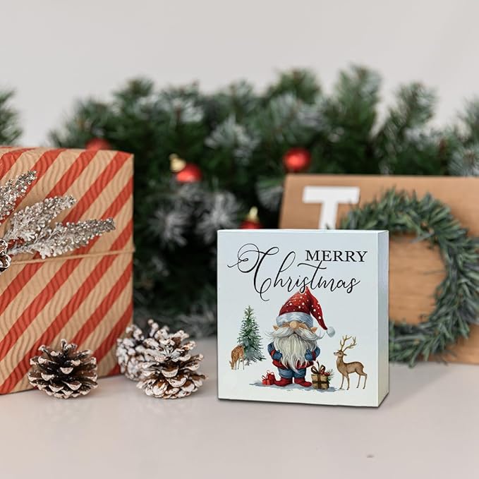 Cute Santa Snowman Wood Box Sign Desk Decor, Claus Snow Scene Wooden Block Sign, Winter Christmas Home Decorative Plaque for Living Room Bedroom Office Table Top Decor 5 x 5 Inches
